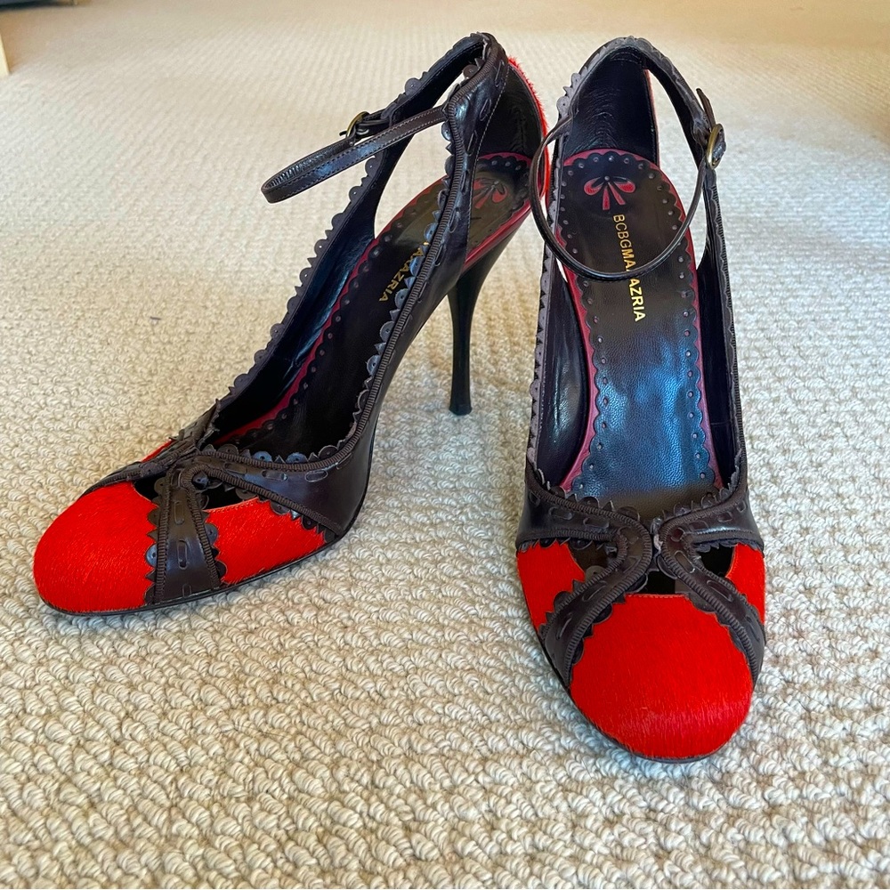 BCBGMaxAzria Brown Leather Heels with Burnt Orange Fur